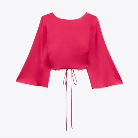 NWT ZARA SATIN TOP WITH RING DETAIL HOT PINK BARBIE PINK TREND - Picture 4 of 6
